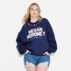Women's Megan Moroney Jeweled Fleece Graphic Pullover Sweatshirt - Navy Blue 3X