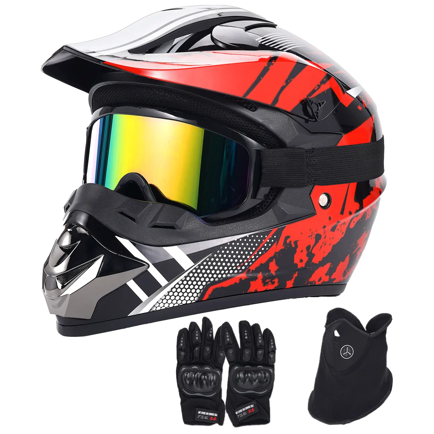Compliant Adult Motocross Helmet Set with Goggles, Gloves and Face Mask, Off-Road Dirt Bike ATV UTV Full Face Helmet- Red Riding Helmet, Anti-Fog Goggles, Breathable Mask, Grip Gloves for Head Protection