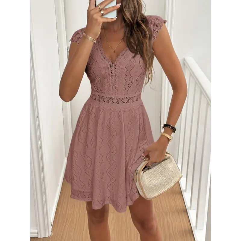 Elegant White V-Neck Ruffle Dress with Short Sleeves and Geometric Pattern - Summer Knee-Length Women'S Fashion, No Belt, Fit Flare Design, Perfect for Adult Casual Wear, Fashion | Vneck Detailin Fabric Womenswear