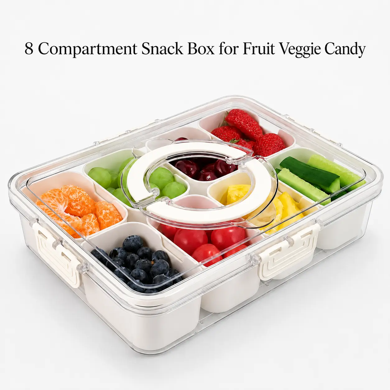 MIUVA Snacks  BPA Free Clear Snack Box Container with Lid 8 Compartment Stackable Snack Organizer Divided Serving Tray with Handle for Fruit Veggie Candy Meal Prep