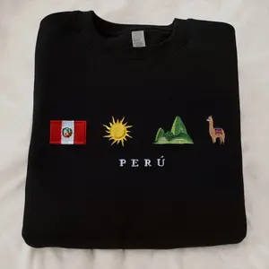 Peru Embroidered Sweatshirt – Unisex Black Crewneck with Machu Picchu, Llama, Inca Symbols & Inti Sun, Cozy Cultural Gift