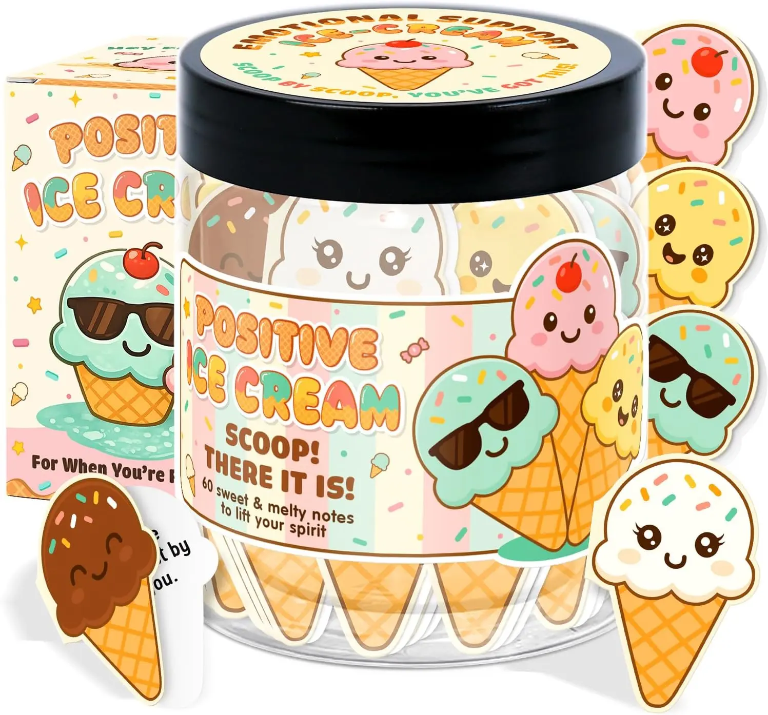 Emotional Support Ice Cream – Ice Cream Gifts - 60 Positive Daily Affirmation Cards Jar – Daily Uplifting Messages for Women, Teens, Coworkers – Birthday, Thank You Gift Idea for Friends, Girls
