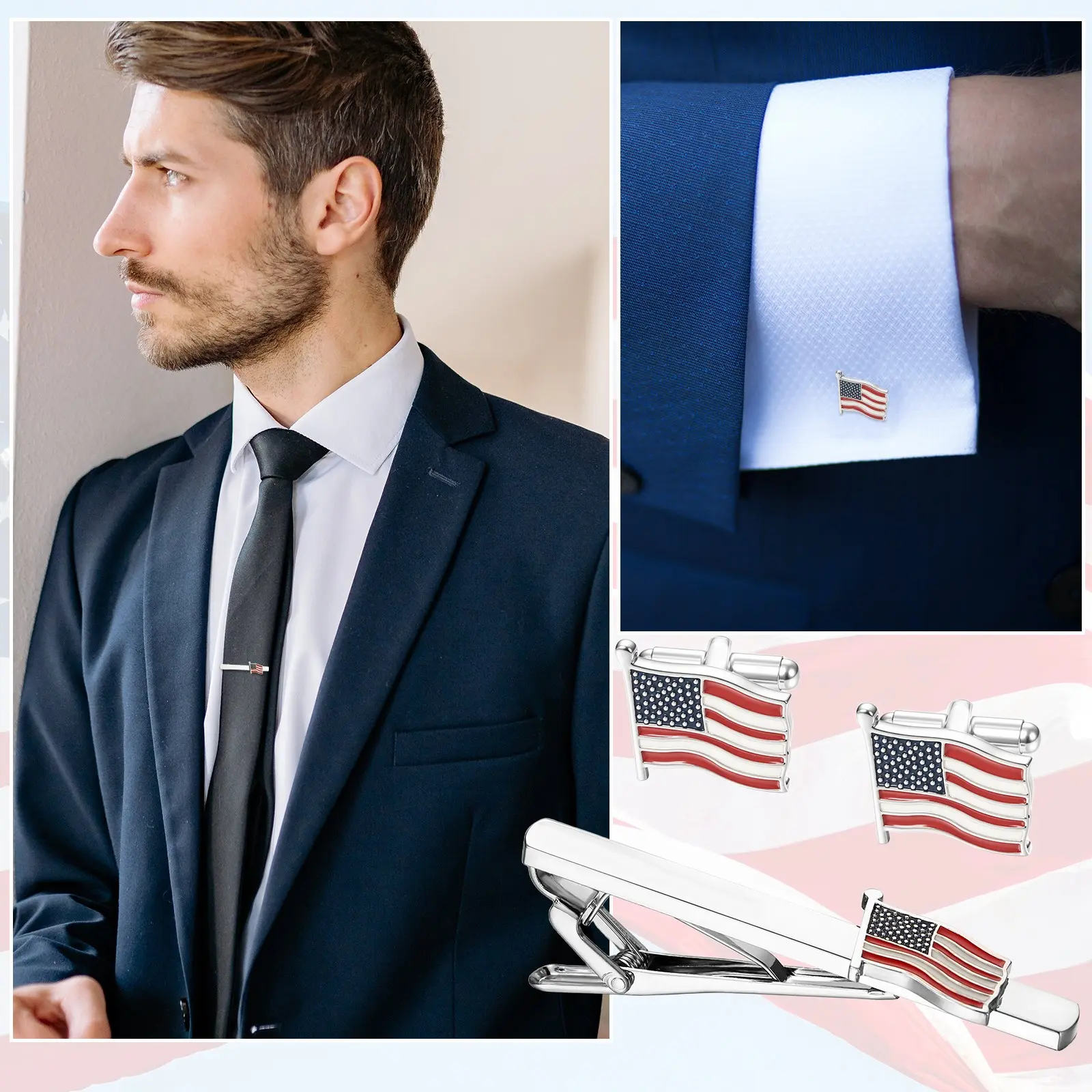 Male 3-Piece Business Formal Flag Motif Cufflinks & Tie Bar Sets - Enamel Fill, Solid Brass Construction, Snap-Back, Ceremony Accessory, Complete Coordination Styling Kit