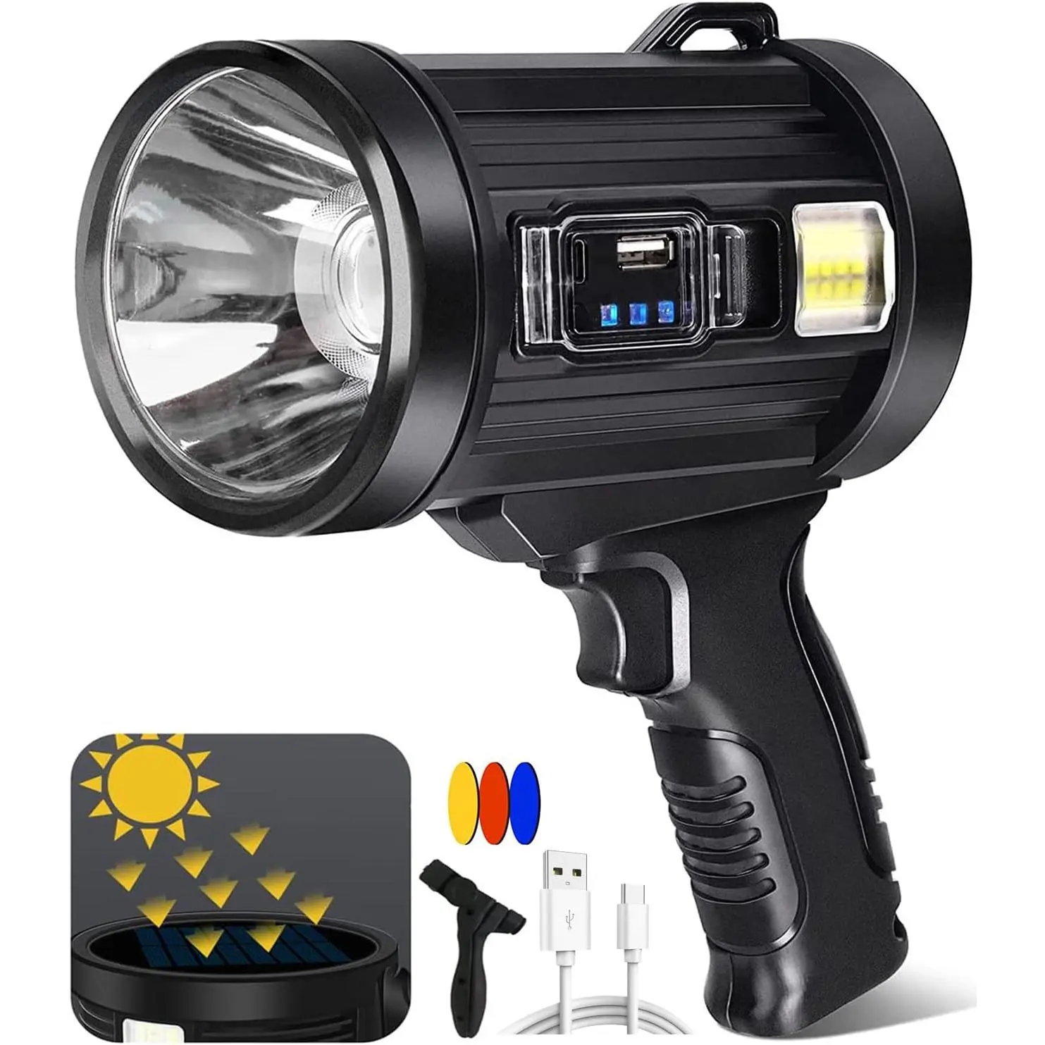 1000000 Lumen Spotlight, Led Rechargeable Spotlight Flashlight with Tripod, 6 Modes and 3 Colors Filter, Super Bright Solar Spot Lights Outdoor Handheld for , Boating, Camping, Large