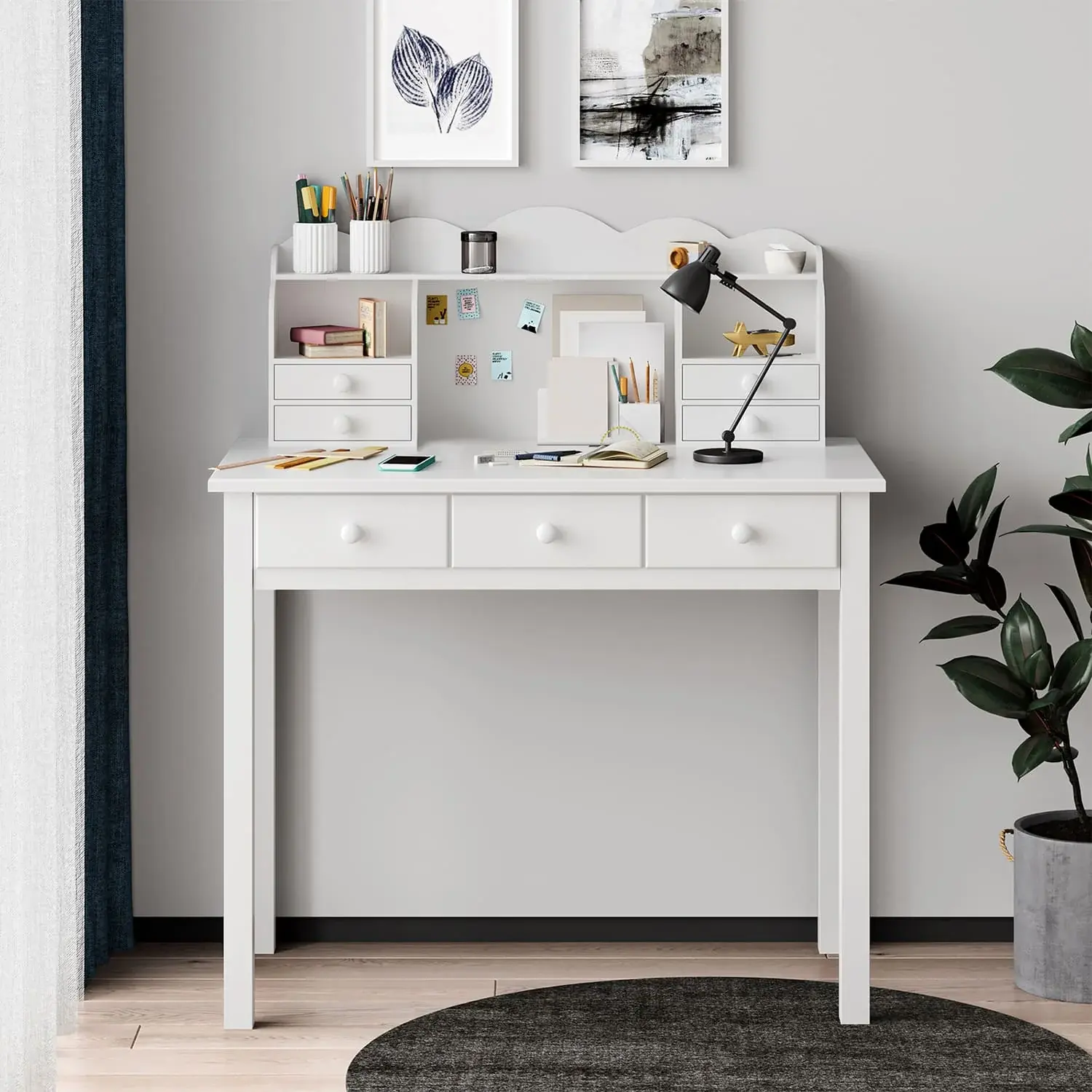 Solid Pine Wood Legs Writing Desk with 7 Drawers White