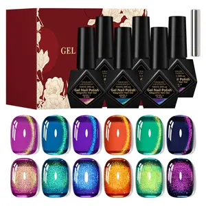 FOURLILY 7pcs Gem Cat Eye Gel Nail Polish Kit, Nail Art, Nail Art Manicure, Includes Magnetic Stick, 6 Colors 10ML Each Cat Eye Gel, Glass Bead Jelly Effect Soaking UV/LED Gel Polish, for DIY & Salon Use, Ideal Gift for Women & Girls