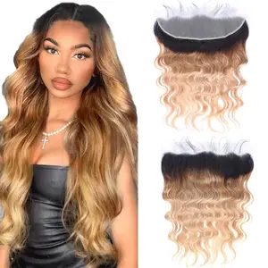 Ombre 13 x 4 Lace Frontal Closure Body Wave HD Transparent Ear to Ear HD Lace 1B/4/27 Frontal Closure Pre Plucked With Baby Hair Free Part 100% Remy Human Hair 180% Density