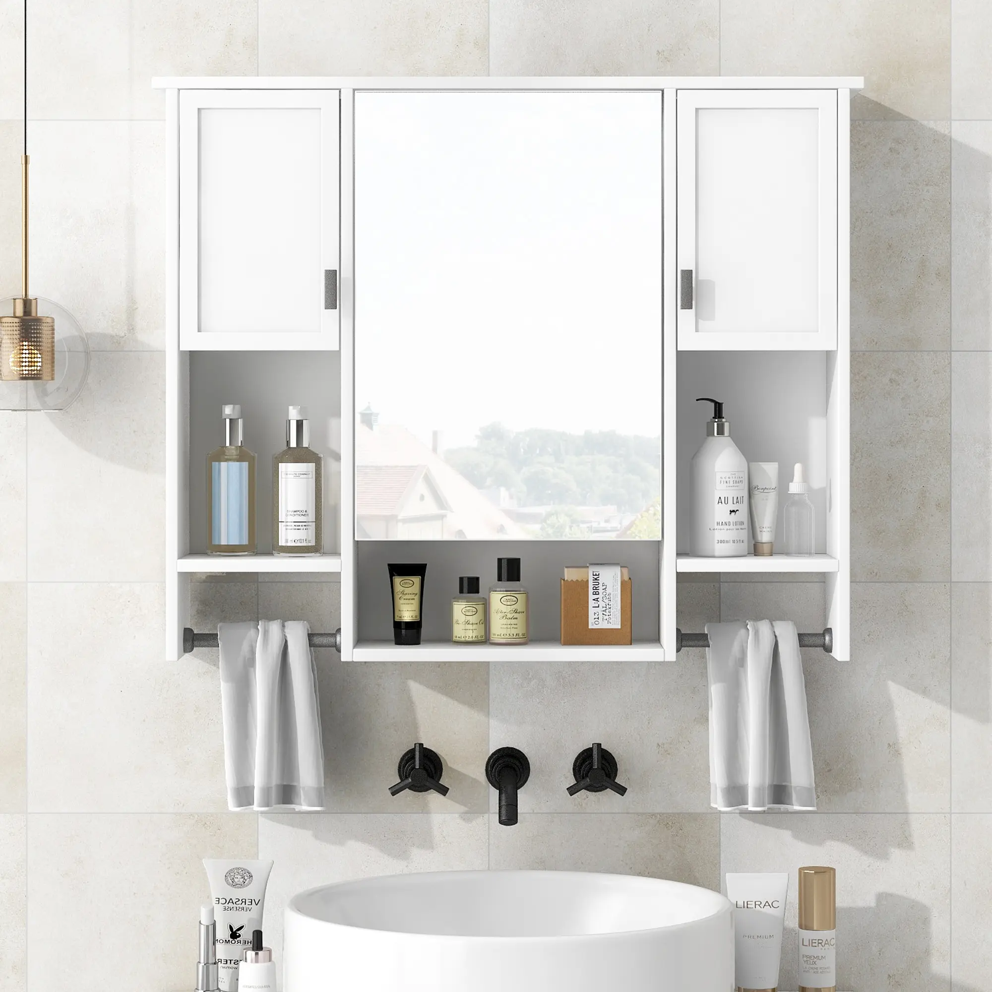 35 x 28 Inch Modern Wall Mounted Bathroom Medicine Cabinet with Mirror, Towel Bar, Storage Shelves, White Finish, Space-Saving Wall Cabinet for Bathroom Organization, Over-the-Toilet or Vanity Use, Single Door, Home Furniture and Household