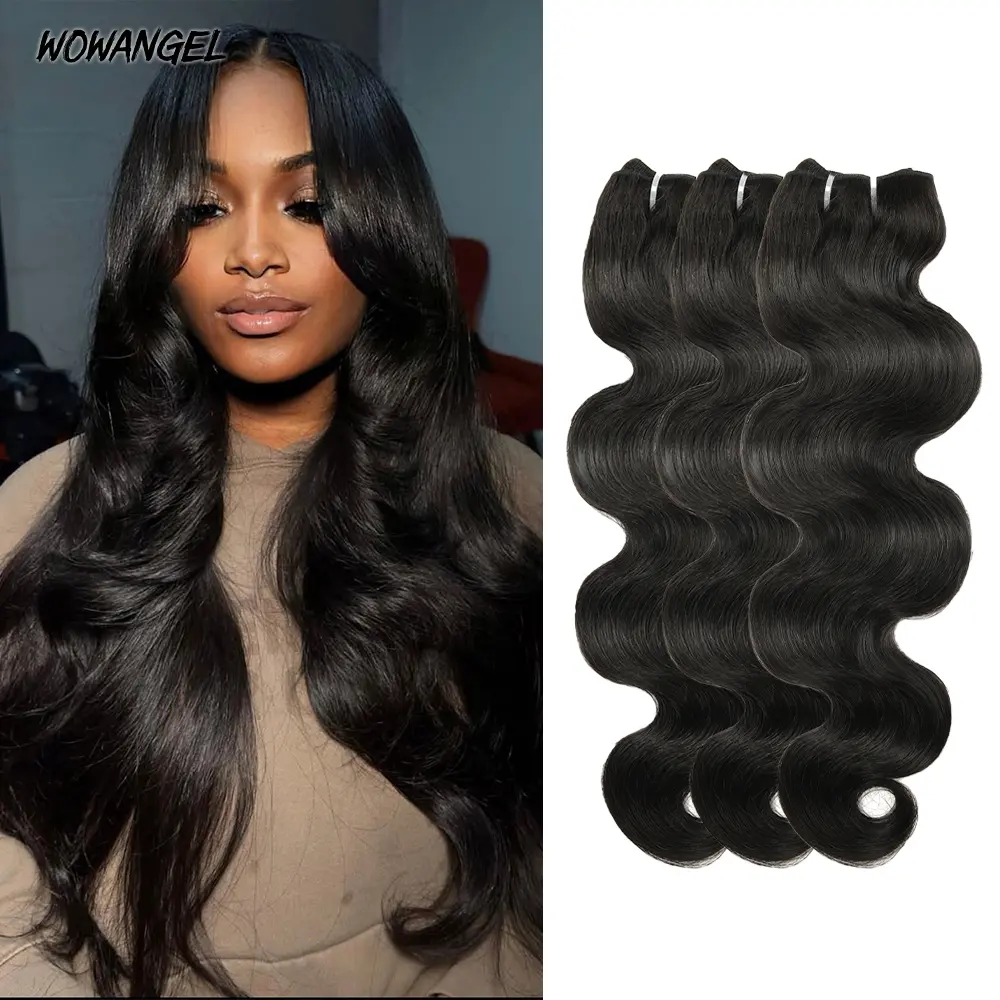 Wowangel Body Wave Hair Bundles Quick Weave Straight Human Hair Extensions For Sew in Real Virgin Hair Extensions Raw Human Hair Weave Bundles Burmese Curly 3 Bundles 16 18 20 inch for Quick Weave Double Weft Hair Tracks Natural Black Color for Women