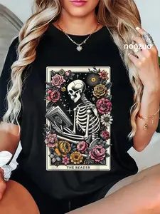 100% Cotton Unisex Book Lover The Reader Tarot Card Funny Skeleton Reading T-Shirt