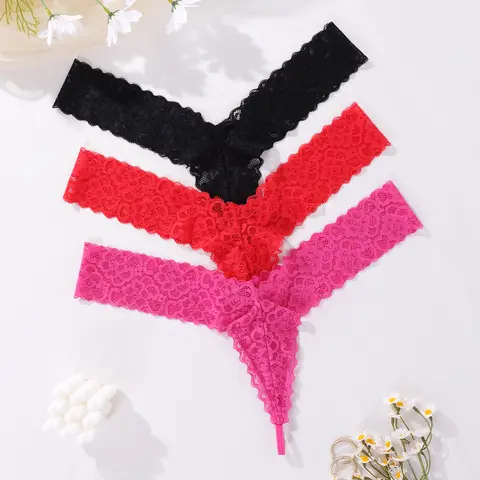 Women’s 3-pack seamless low-rise T-back thongs with delicate lace detailing and butterfly embellishments; breathable, comfortable panties; fashionable underwear suitable for everyday wear.