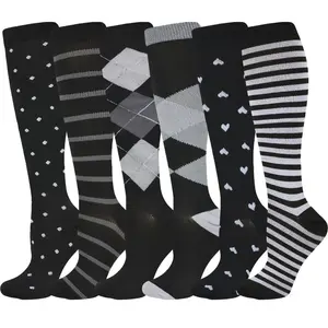 Flimexa Glow 6 Pairs Knee-High Compression Socks for Women & Men – Breathable Moisture-Wicking Support, Anti-Slip Calf Fit, Patterned & Floral Design, Perfect for Running, Gym & Daily Use