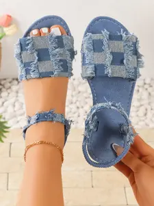 American Vintage Frayed Edge Denim Sandals, Soft Sole Comfortable, Ideal for Daily Wear, Beach Vacation, Casual and Fashionable, Flat Rubber Sandals