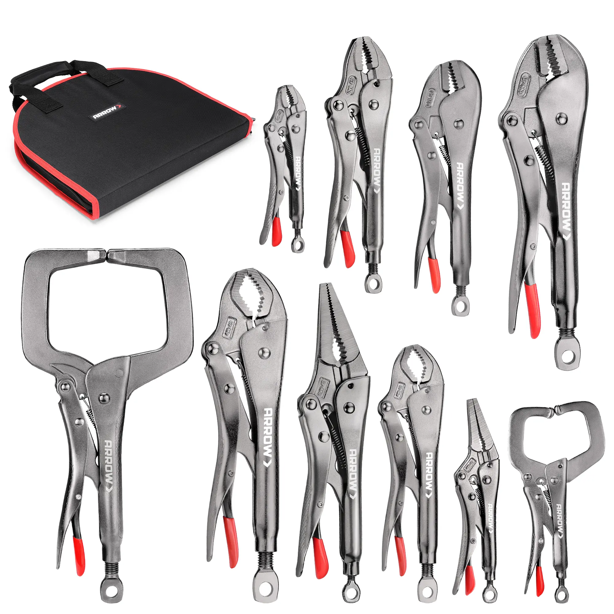 #summersale ARROW 10-piece Locking Pliers Set with Tool Bag, Chromium-Molybdenum Vice Grips, 5"/7" Curved Jaw, 6.5"/9.5" Long Nose, 7"/10" Straight Jaw, 7"/10" V-Jaw, 6"/11" C-Clamp Vise Grip Pliers