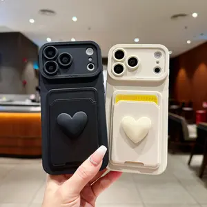 Pupil Design DIY Solid Color Card Holder Phone Case with 3D Love Heart, Shockproof, For iPhone 17 16 15 14 13 12 11 Pro Max, Business Style, Holiday Gift, Universal for the Elderly, Kids, Men and Women