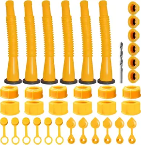Gas Can Spout Replacement, Gas Can Nozzle (6Kit-Yellow) With 12 Screw Collar Caps(6 Coarse Thread &6 Fine Thread-Fits Most of The Cans) With Gas Can Vent Caps, Thick Rubber Pad, Spout Cover, Base Caps
