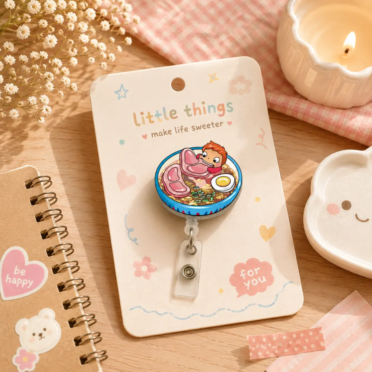 Ramen Bowl Retractable Badge Reel, Funny Noodle Food ID Badge Holder, Kawaii Nurse Badge Clip, Teacher Work Accessory