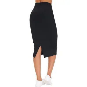 Women's High Waist Tummy Control Pencil Skirts Stretchy  Midi Skirt Below Knee with Back Slit
