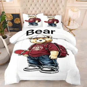 Skateboard Bear Print Bedding Set, Includes 1 Bedding and 1 or 2 Pillowcases Without Pillow Filling, Soft Decor for Kids and Adults' Bedrooms as Gifts