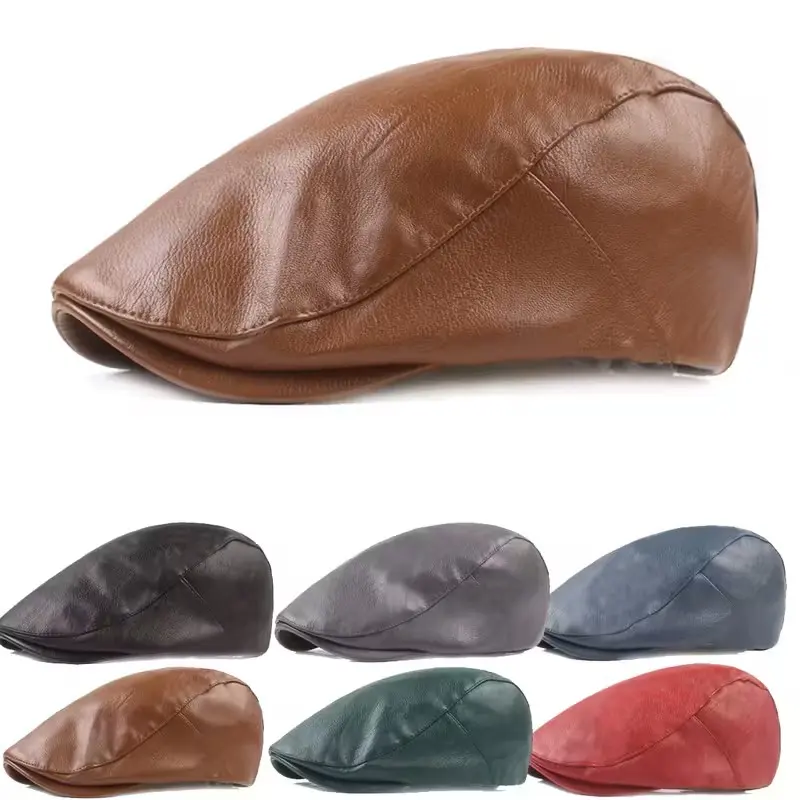 Men’s Faux Leather Newsboy Ivy Flat Cap Driver Hat Vintage Golf Cabby Style