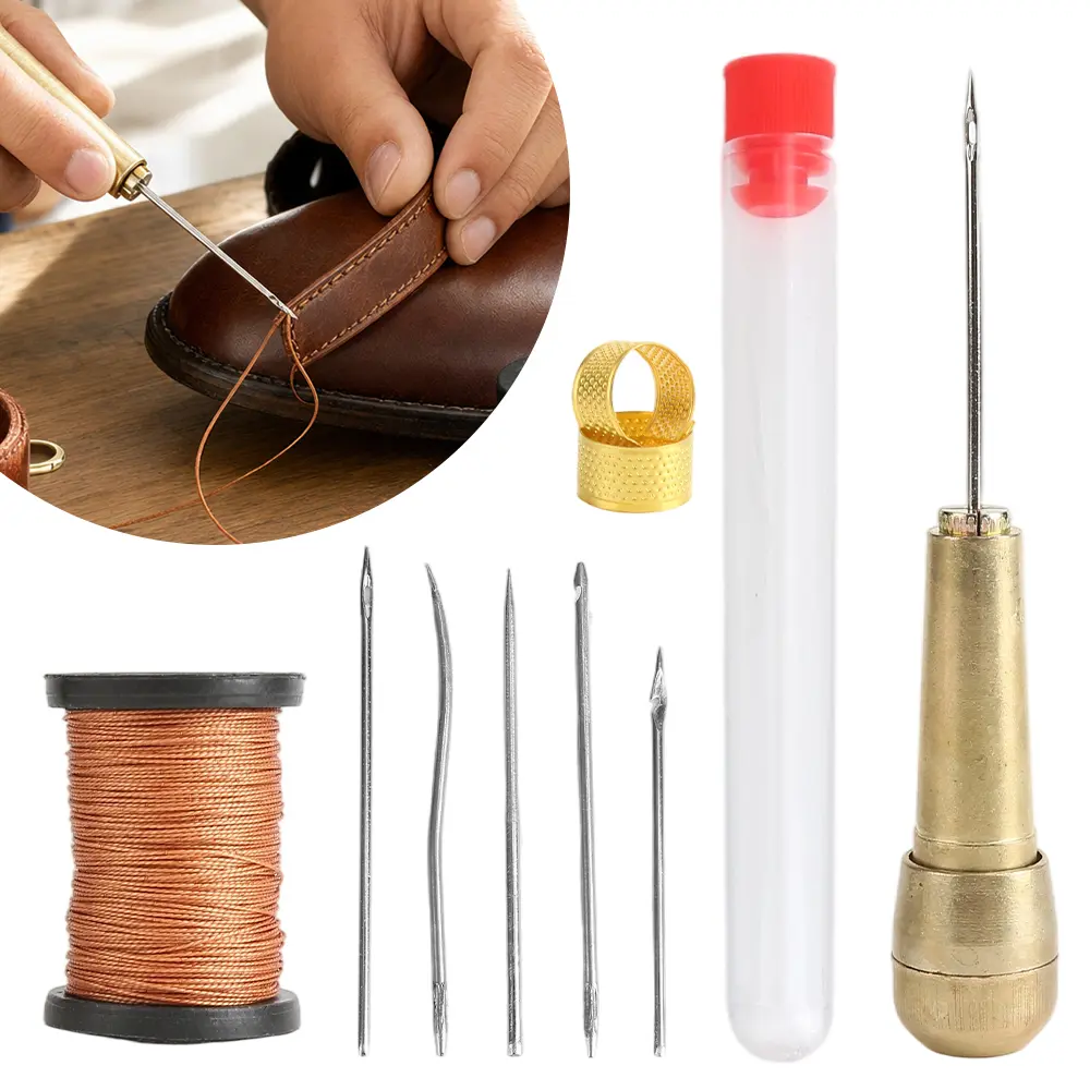 6 Pack Leather Sewing Tool Kit with Copper Handles, Awl Needles, 50M Heavy-Duty Nylon Cord Thread & 2 Metal Thimbles – Boost Craftsmanship, Durability and Precision for Shoe, Bag & Upholstery Repair