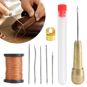 6 Pcs Copper Handle Leather Sewing Awl Needle Repair Kit, With 50M Heavy-Duty Nylon Cord Thread & 2 Metal Thimbles, DIY Hand Stitching Tools for Shoes Canvas Upholstery Bags Leather Craft Maintenance