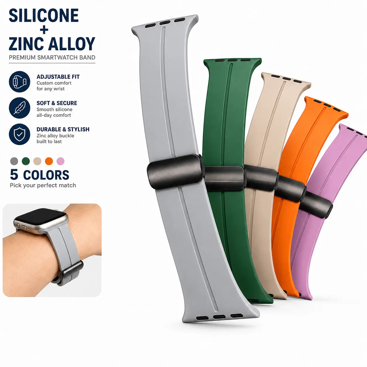 2026 Magnetic Silicone Apple Watch Bands, Smooth Waterproof Sport Straps with Zinc Alloy Folding Clasp for Ultra, SE & Series 1-10, Multi-Color Festive Gift for Boyfriend/Girlfriend