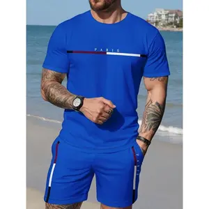 2-Piece Mens Geometric Pattern Summer Outfit Set - Crew Neck Short Sleeve T-Shirt & Waist Drawstring Shorts with Pockets, Slight Stretch, Machine Washable, Casual Daily Wear for Comfort and Style