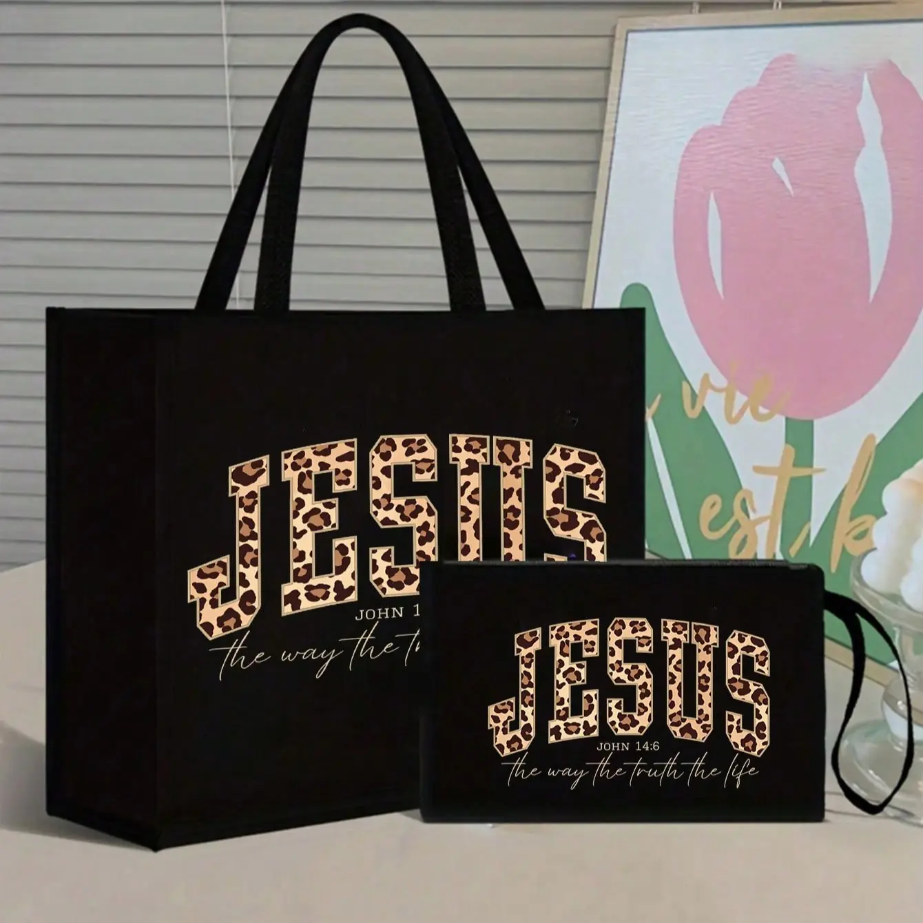 Linen Handbag with Leopard Jesus Print, Religious Cross Shoulder Bag and Wallet, Bohemian Style Travel Tote, Tote Bags, Boho Tote Bag