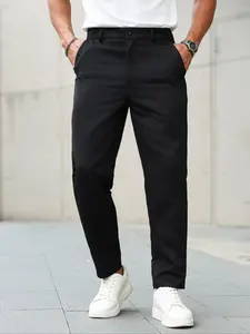 【Plus Size】 Solid Button Fly Pants, Regular Fit Casual Comfy Trousers for Business Work Office, Men's Bottoms for All Seasons