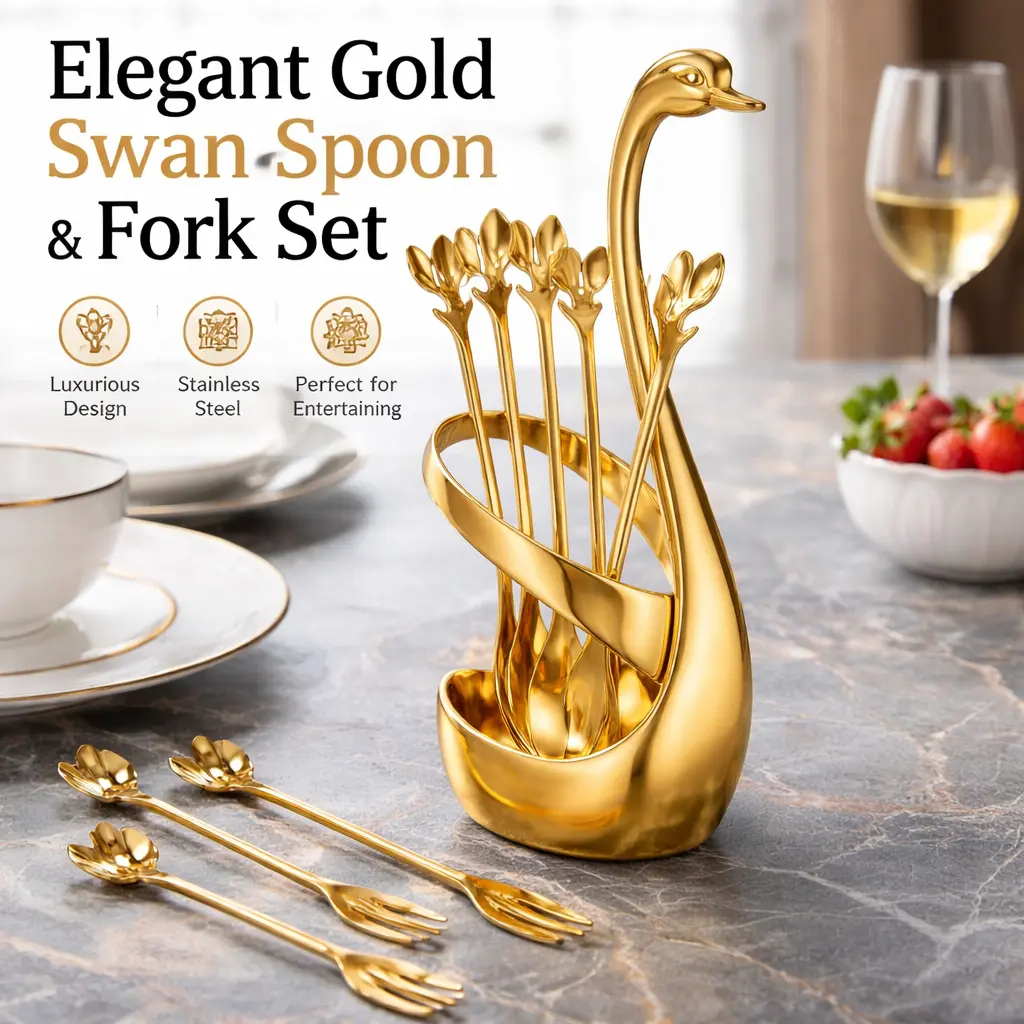 Stainless Steel Tableware Cutlery Set - 10 Mini Leaf Spoons & Forks with Stylish Gold Swan Base Holder, for Birthday, Coffee, Tea Serving