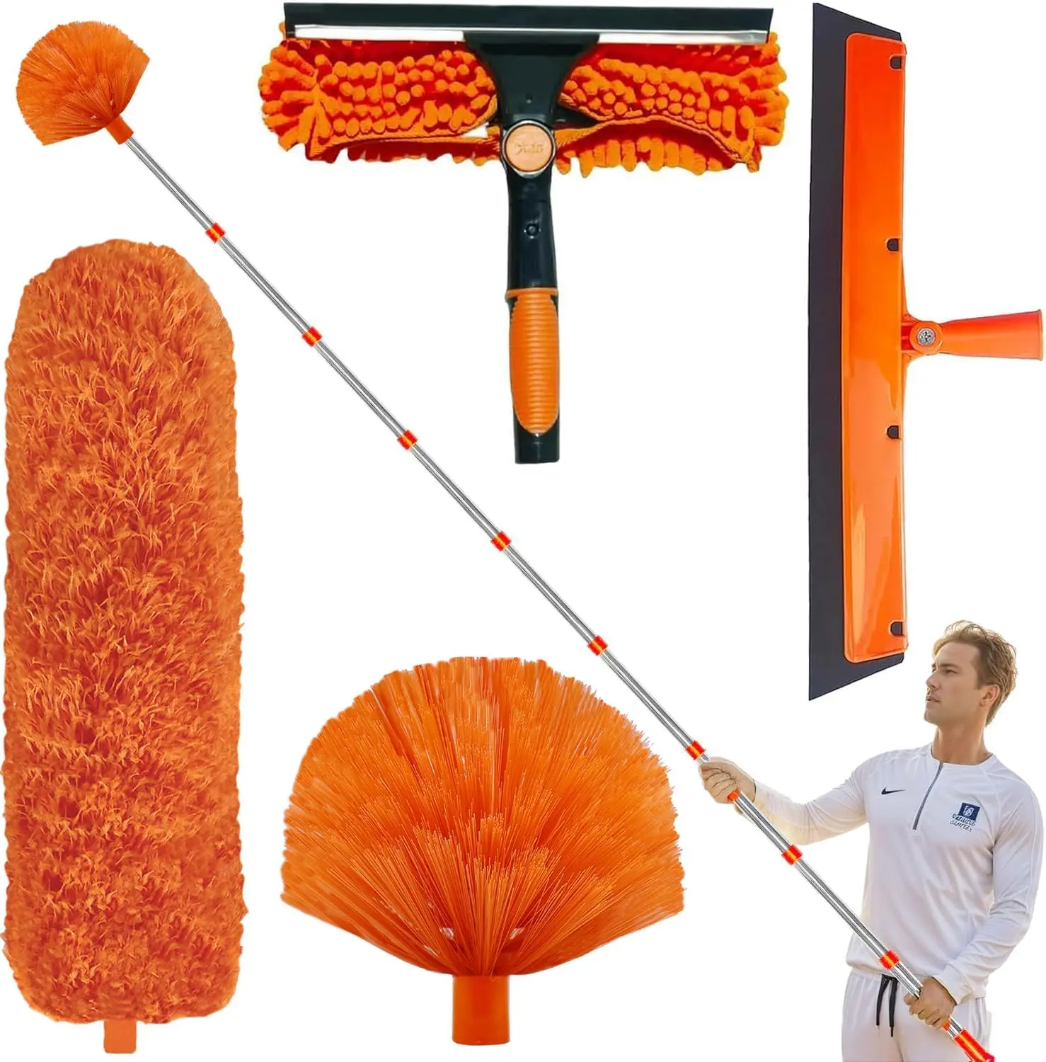 20+ ft High Reach Duster Kit with 3-14 ft Extension Pole – Spliceable Multi-Purpose Cleaning Tool for High Ceilings, Windows, Ceiling Fans, Cobwebs, Includes Window Washer Squeegee, Fan Blade Duster, Feather Duster & Cobweb Brush