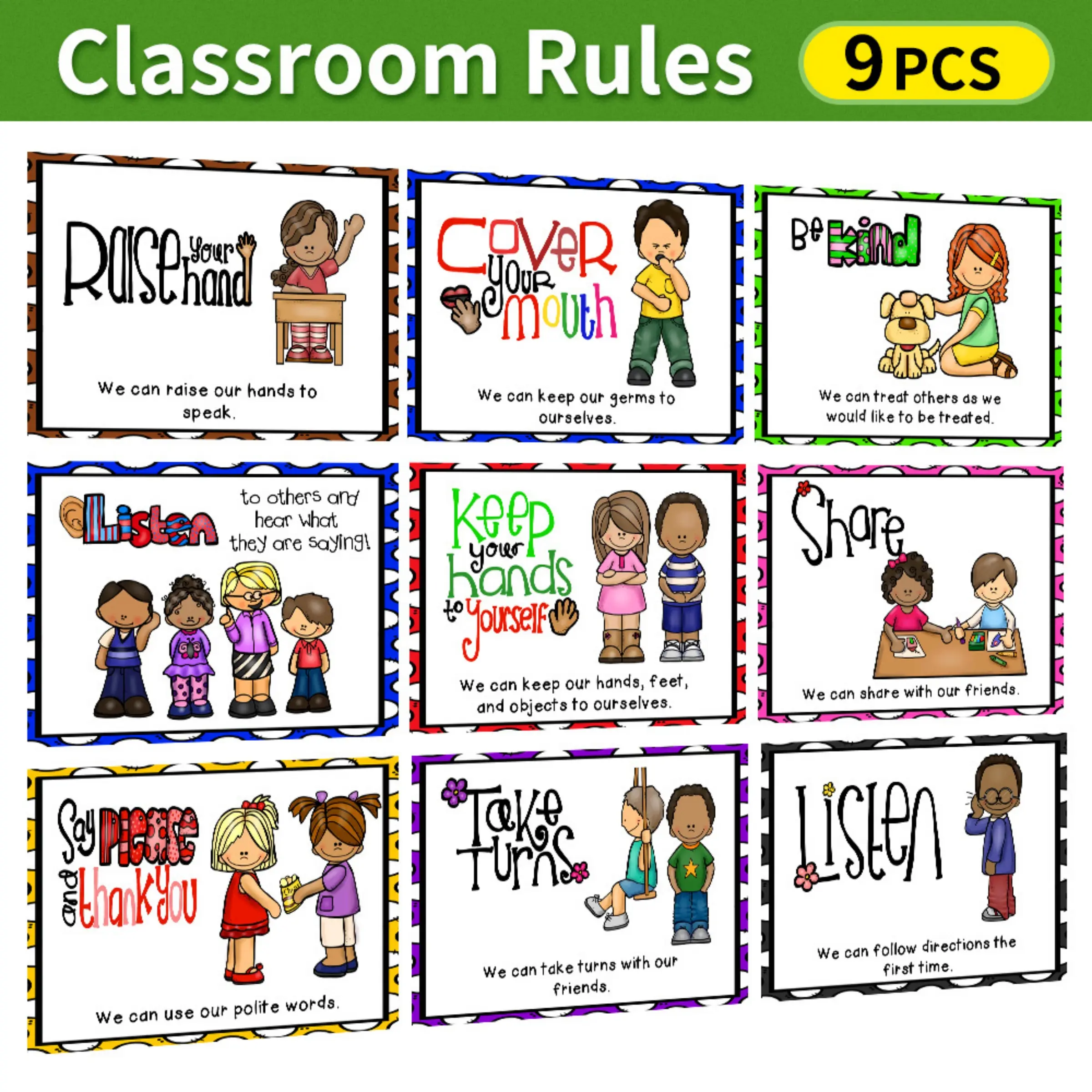English Classroom Rules Posters Set, 9 Pieces Educational Wall Decor for Language Learning, Durable & Vibrant Design for School Use, Teaching Supplies, Classroom Supplies