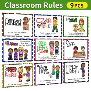 English Classroom Rules Posters Set, 9 Pieces Educational Wall Decor for Language Learning, Durable & Vibrant Design for School Use