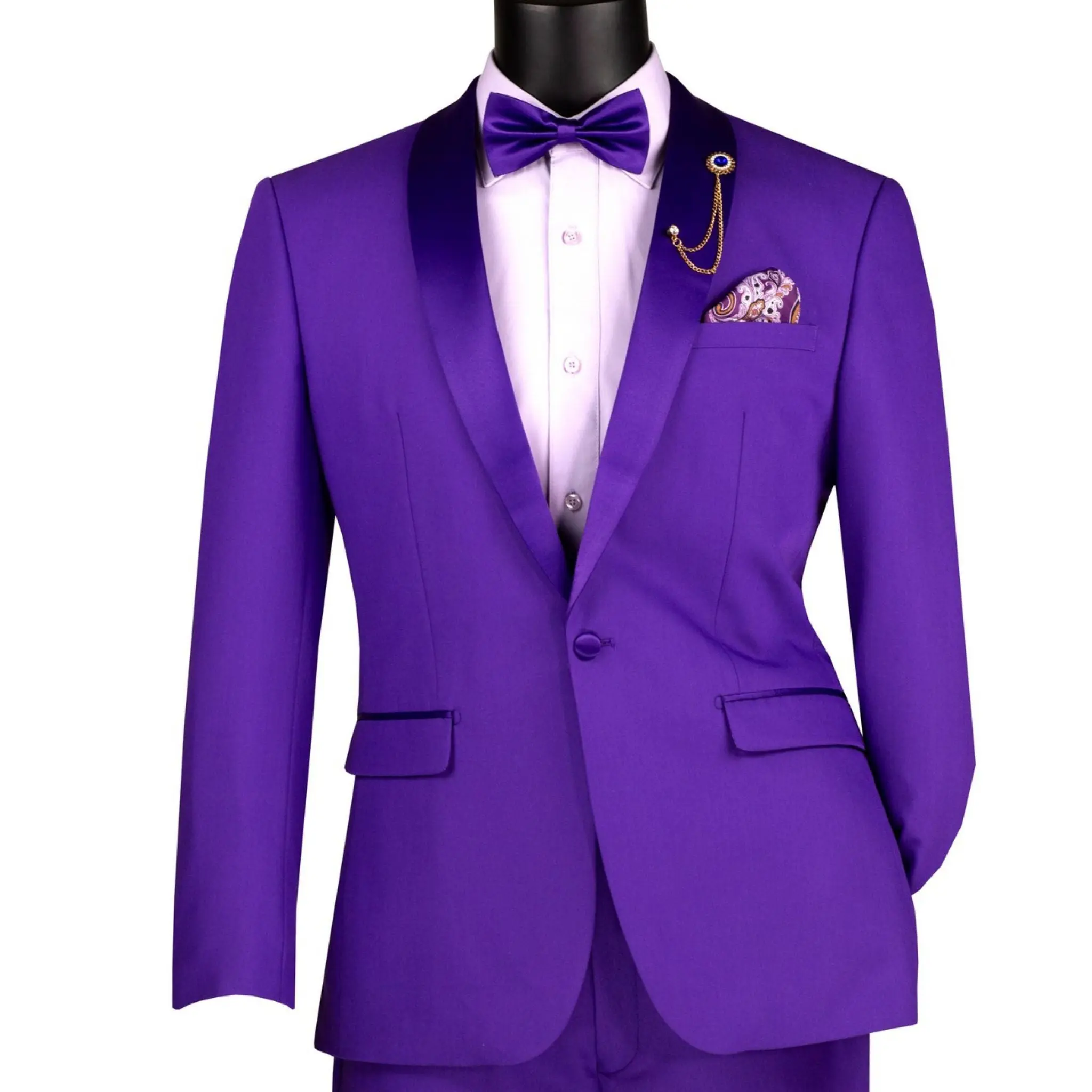 Men’s Royal Purple Satin Lapel Tuxedo – Slim Fit 2-Piece Suit for Prom, Weddings & Formal Events