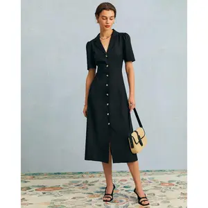 Rihoas Women's Polyester Fabric Midi Dress - Black, V-Neck, Button-Front, Puff Sleeve, Flattering Fit, Elegant, Casual Workwear