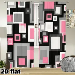 2D Flat 2Pcs Modern Geometric Pattern Curtains Pink Black Grey Square Design Rod Pocket Light Filtering Polyester Panels Suitable for Living Room Bedroom Kitchen Office Window Treatment Privacy Protection Room Decor Curtain