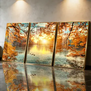 3Pcs Aluminum Alloy Framed Painting, Autumn Lake Sunset Landscape Picture, Home Decoration For Living Room, Bedroom, Office, Restaurant, Hallway Wall Decor, Odorless Print Artwork, Luxury Perfect Gift For Friends And Family