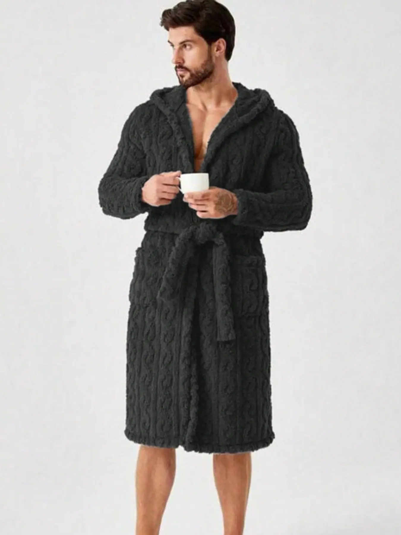 Men's Textured Pocket Belted Hooded Bathrobe, Casual Style, Comfortable and Stylish, Perfect for Relaxing at Home