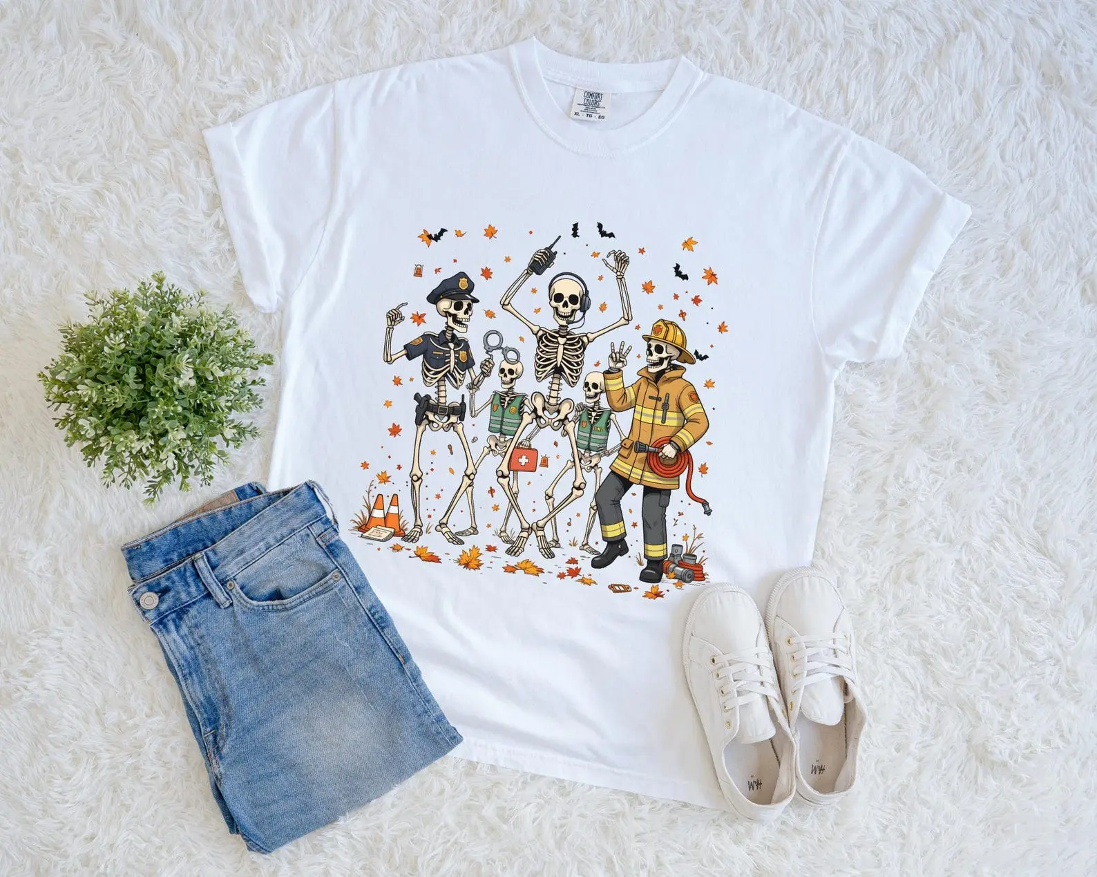 Skeleton Dispatcher Dancing Tee: Police, Fire, EMS Halloween Shirt