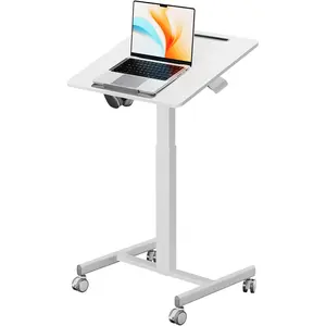Small Mobile Standing Desk with 90? Tiltable Desktop, 23.6" x 20.5" Adjustable Height Rolling Desk, Hook & Device Slot, 4 Lockable Wheels for Home Office, 17.6lb Capacity, White
