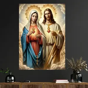 1PC 2D Flat Medieval Modern Home Decor, Frameless, Jesus Sacred Heart and Virgin Mary Canvas Painting, Religious Poster, Stylish Religious Decor, Suitable for Living Room, Bedroom, Wall Art, Ideal Holiday Gift, Christmas Decoration