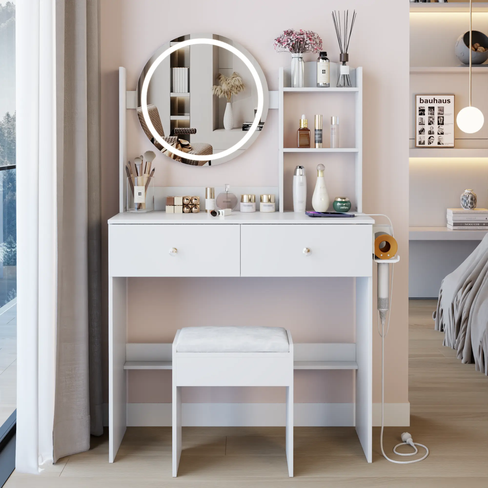 Modern Durable Vanity Desk - 17-in Round Top LED Mirror Dressing Table with Cushioned Chair, 2 AC Ports, 2 USB Ports, Touch Switch, Adjustable Brightness, Large Desktop, Multi-Storage Design, Hair Dryer Stand, Assembly Required