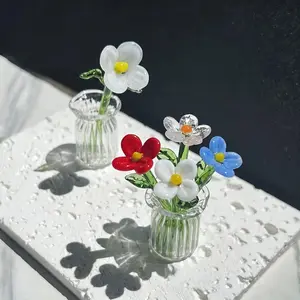 Mini Glass Flower Bouquets, Handmade Colored Blown Glass Flowers with Vases, Artificial Daisies for Mini Vase Decor, Mother's Day Gift, DIY Craft