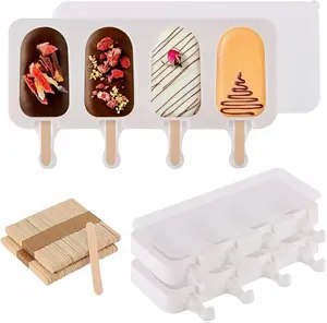 3 Set Popsicles Molds with Lids and 100 Pcs Wooden Popsicles Sticks, Standard Size 4 Cavities Silicone Ice Pop Molds for Making Cakesicles, Cake Pops, Ice Cream - BPA Free