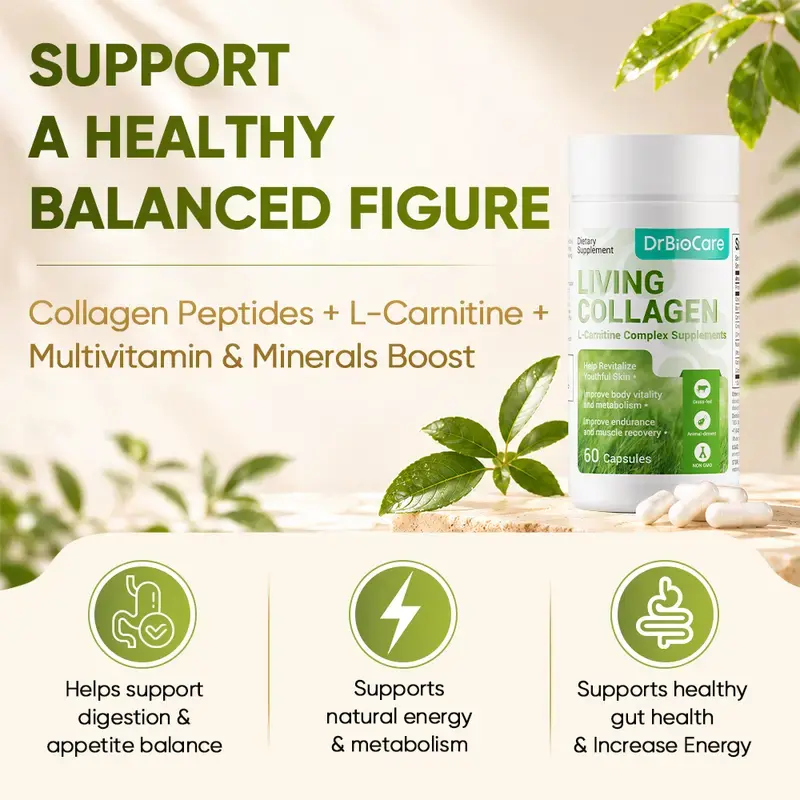 DrBioCare Living Collagen with L-Carnitine, Collagen Peptides & Bovine Colostrum – Natural & Gentle – Supports Women’s Balance, Curves & Daily Wellness – 60 Capsules