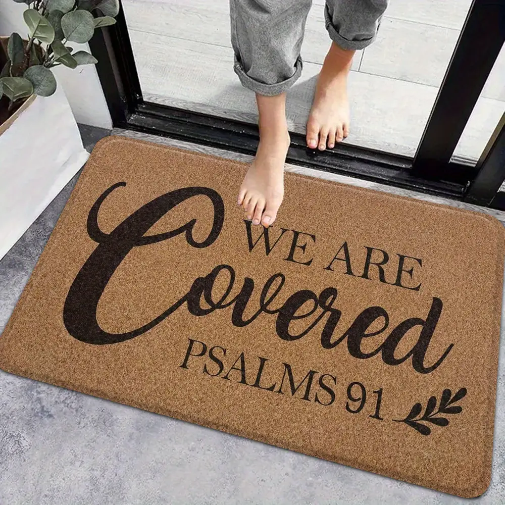 A Doormat Featuring a Bible Verse from Christian Faith, Stating "We Are Covered". This Non-Slip, High-Quality, Versatile Mat Is Designed for Both Indoor And Outdoor Use Decorative Rug Mat Indoor Welcome Mat Religious Doormat