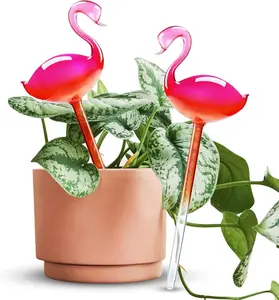 Flamingo 2PCS Self-Watering Glass Globes, 10" Hand Blown Hot Pink Gradient Bulbs, 95ml Automatic Irrigation Spikes, Decorative Plant Waterer for Home Indoor Garden Plants