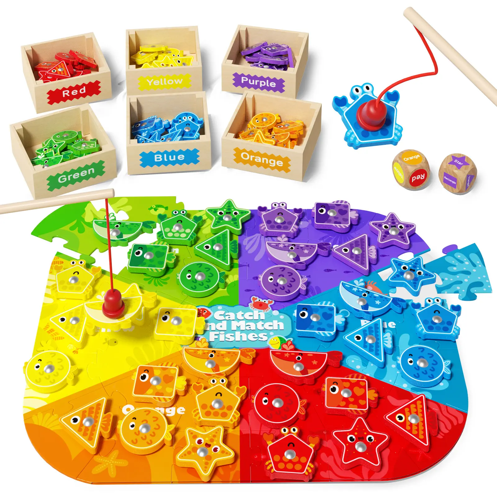 Montessori Toys for Toddlers 1-3, Magnetic Fishing Game for Kids 2-4, Color & Shape Sorter Educational Learning Toys with Wooden Box & Puzzle for Boys Girls 3-5