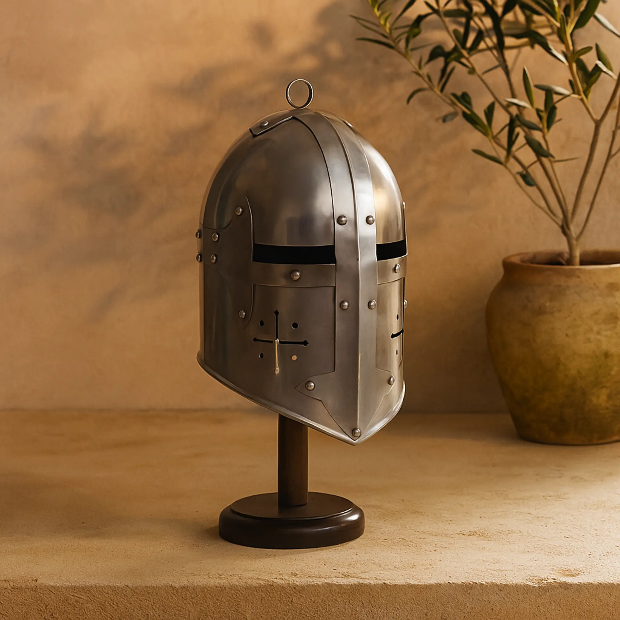 Medieval Crusader Knight Silver Iron Replica Mask & Antique Rivet-Detailed Decorative Helmet, with Black Wood Stand, Felt-Cloth Accents, Console Display Fit, Romantic Holiday Gift (Party Masks & Accessories)